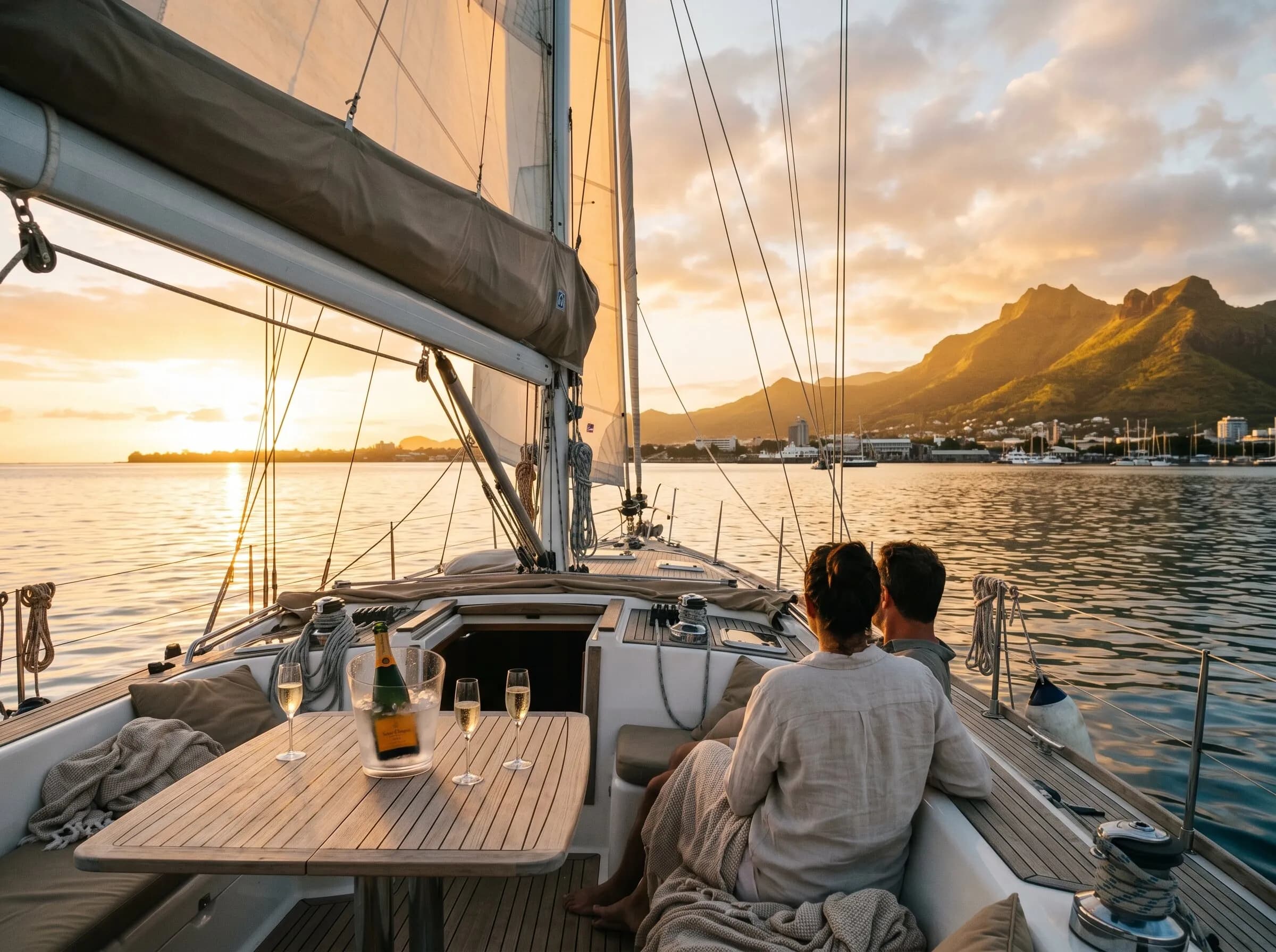 A sunset sail drifting the headland as the light turns gold