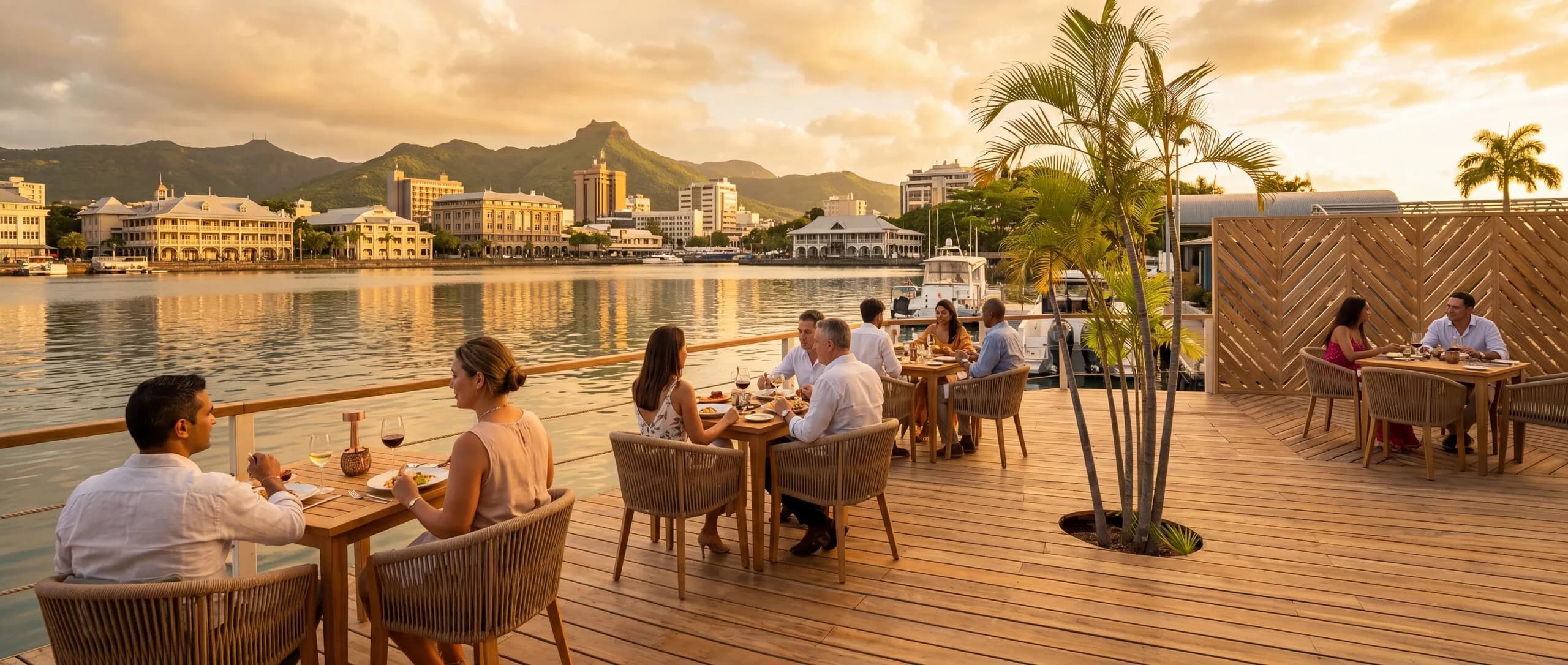 Candlelit dining tables at the water's edge during evening service