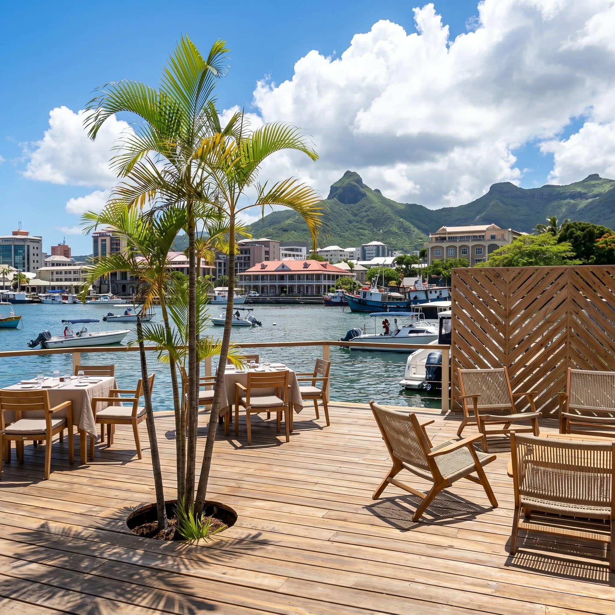 The sunny deck at noon, set for lunch beside the marina