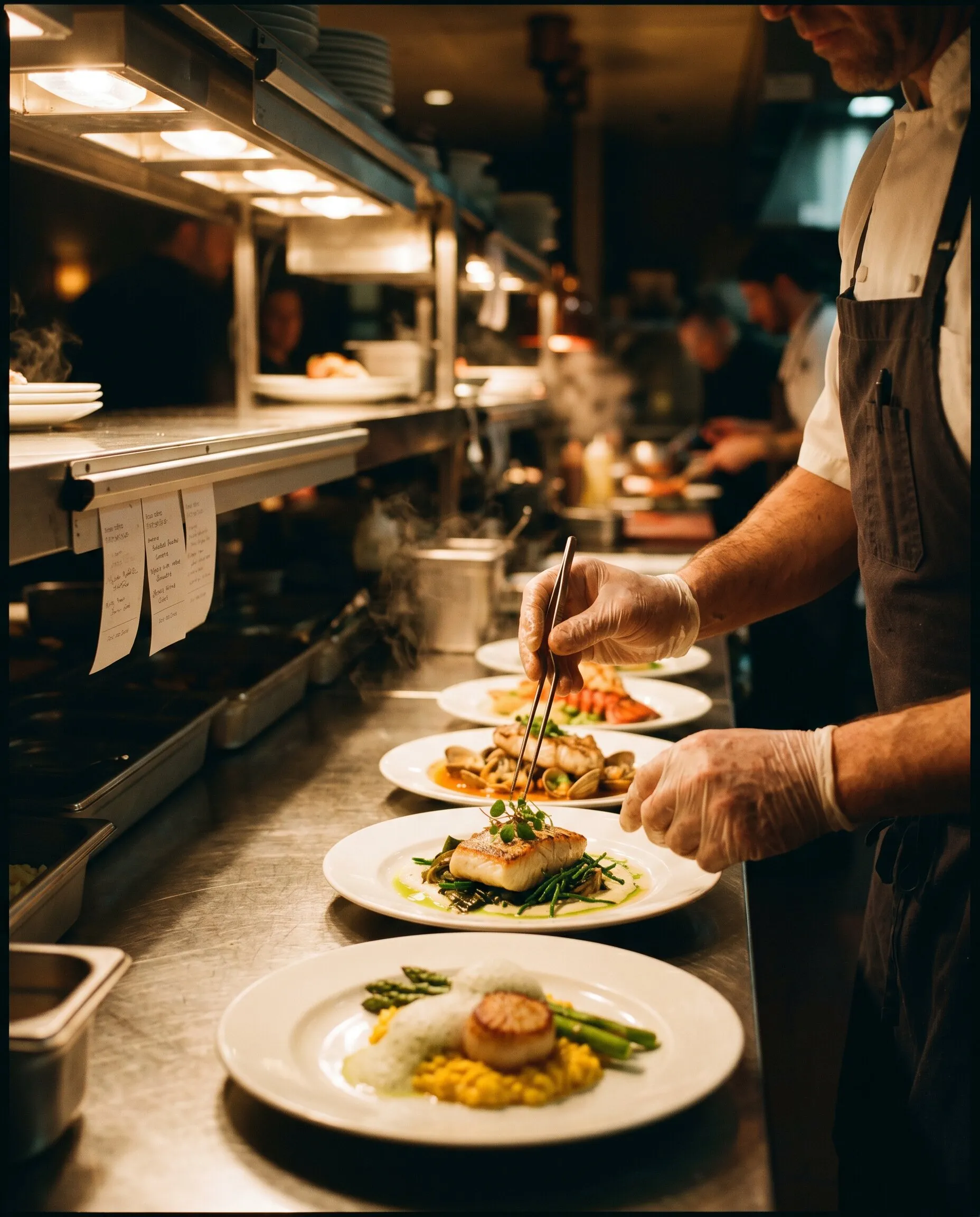 The kitchen pass plating dishes during evening service