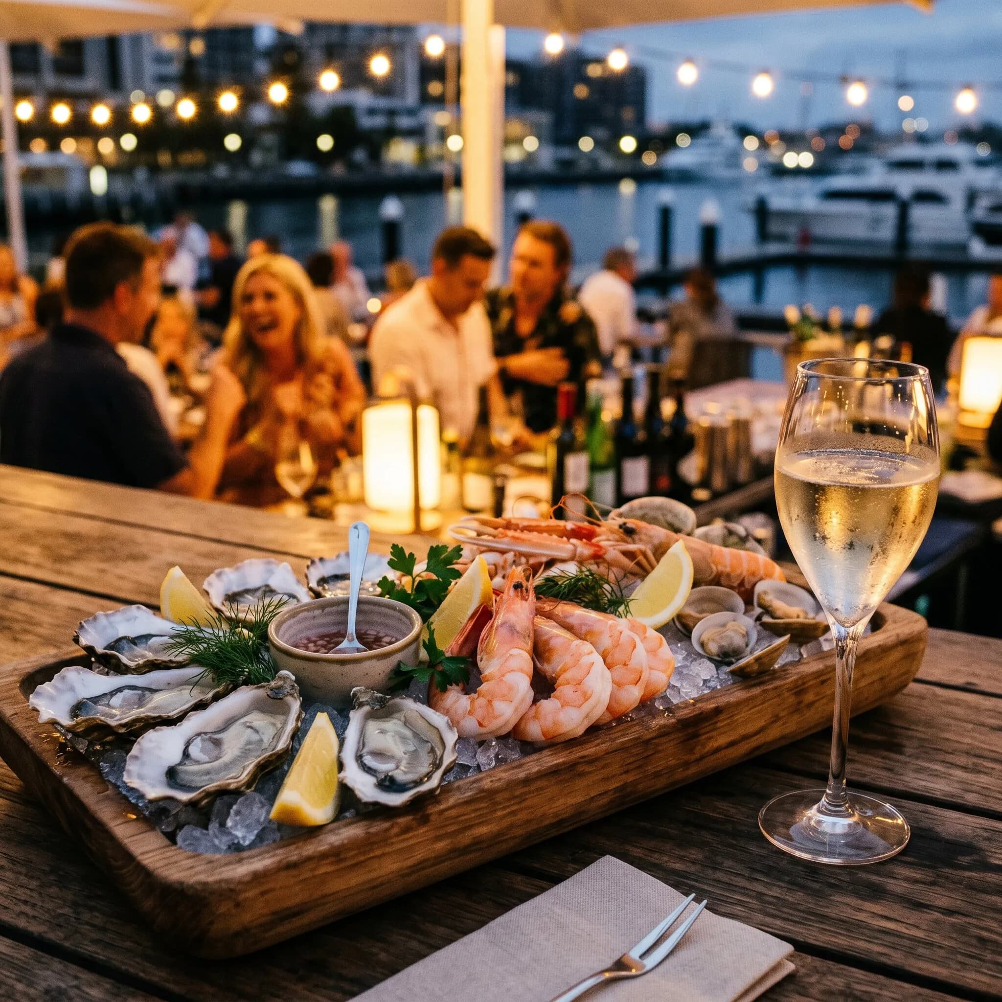 Oysters and seafood on crushed ice at the raw bar