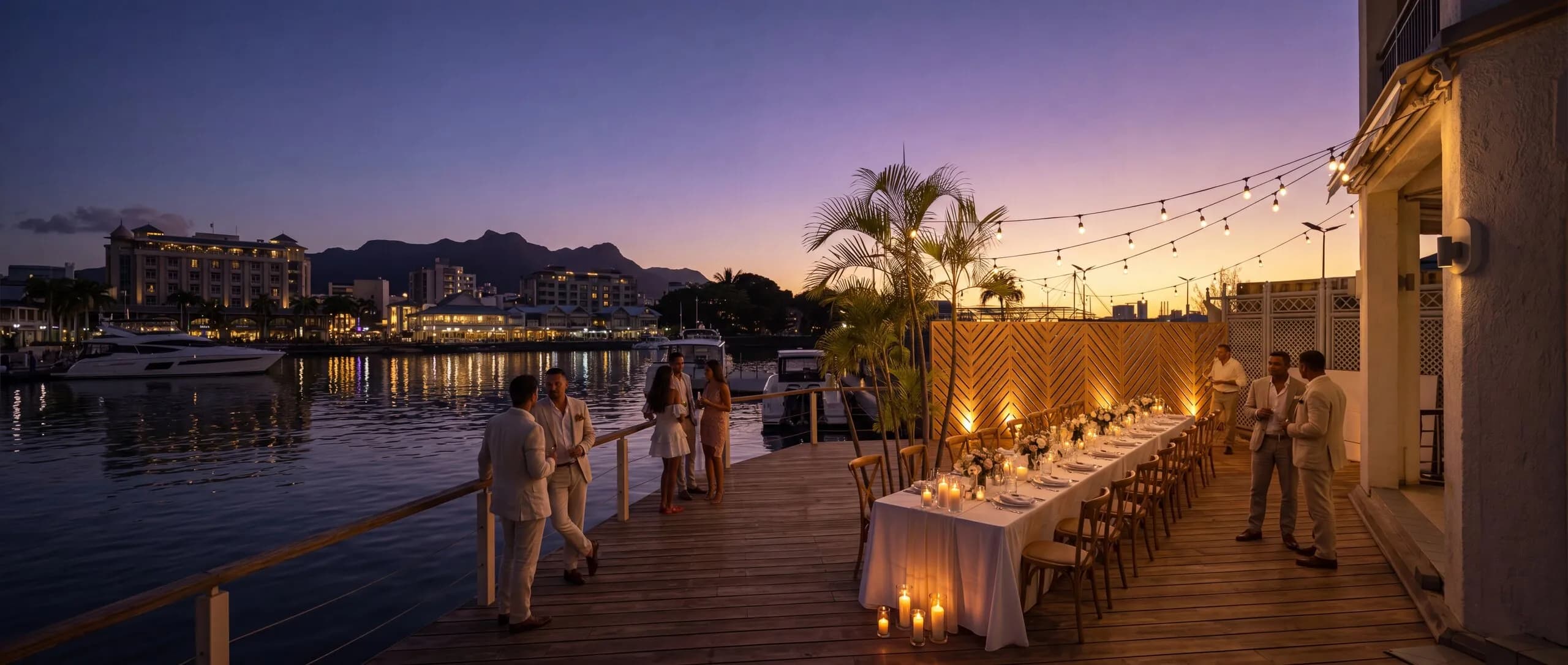 An evening celebration on the marina deck under string lights