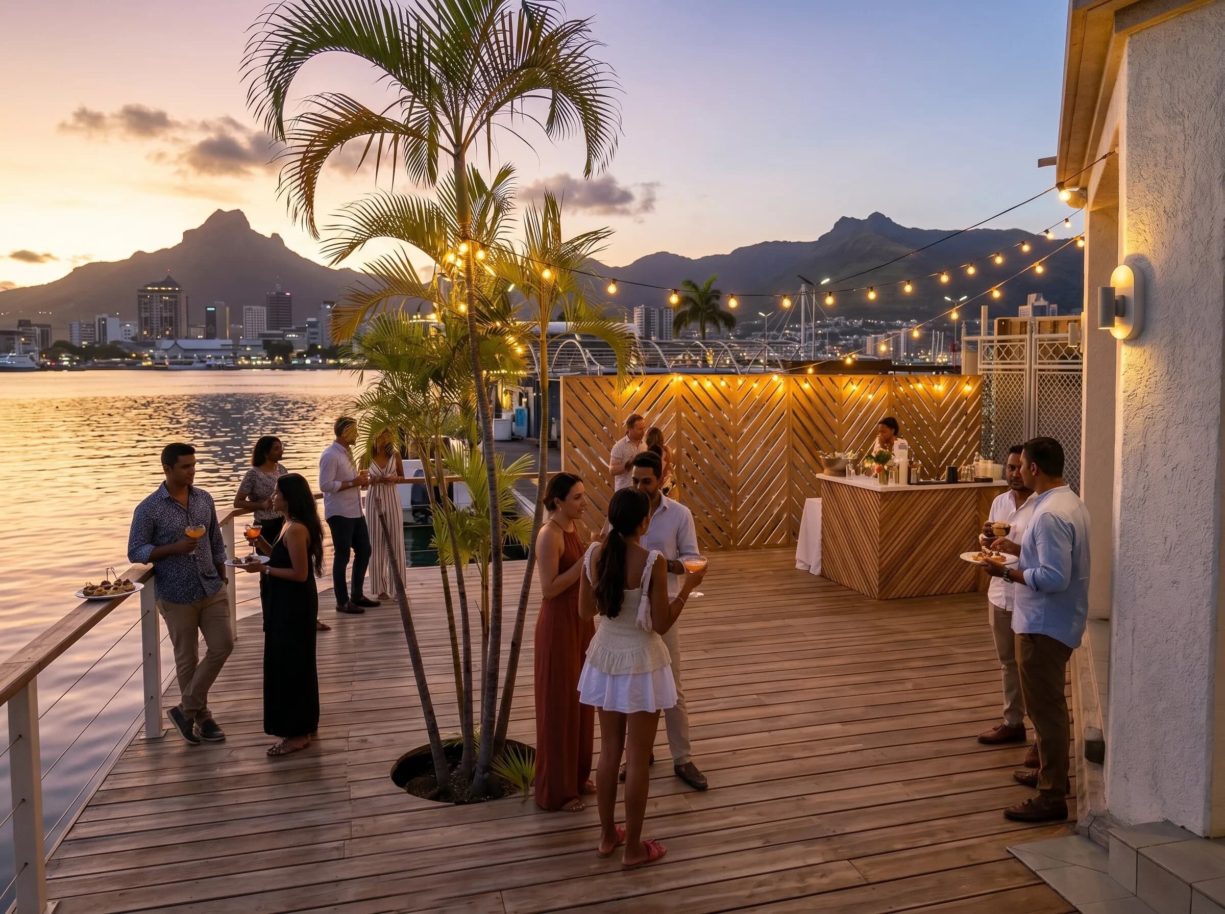 Cocktails and canapés along the deck rail at sunset
