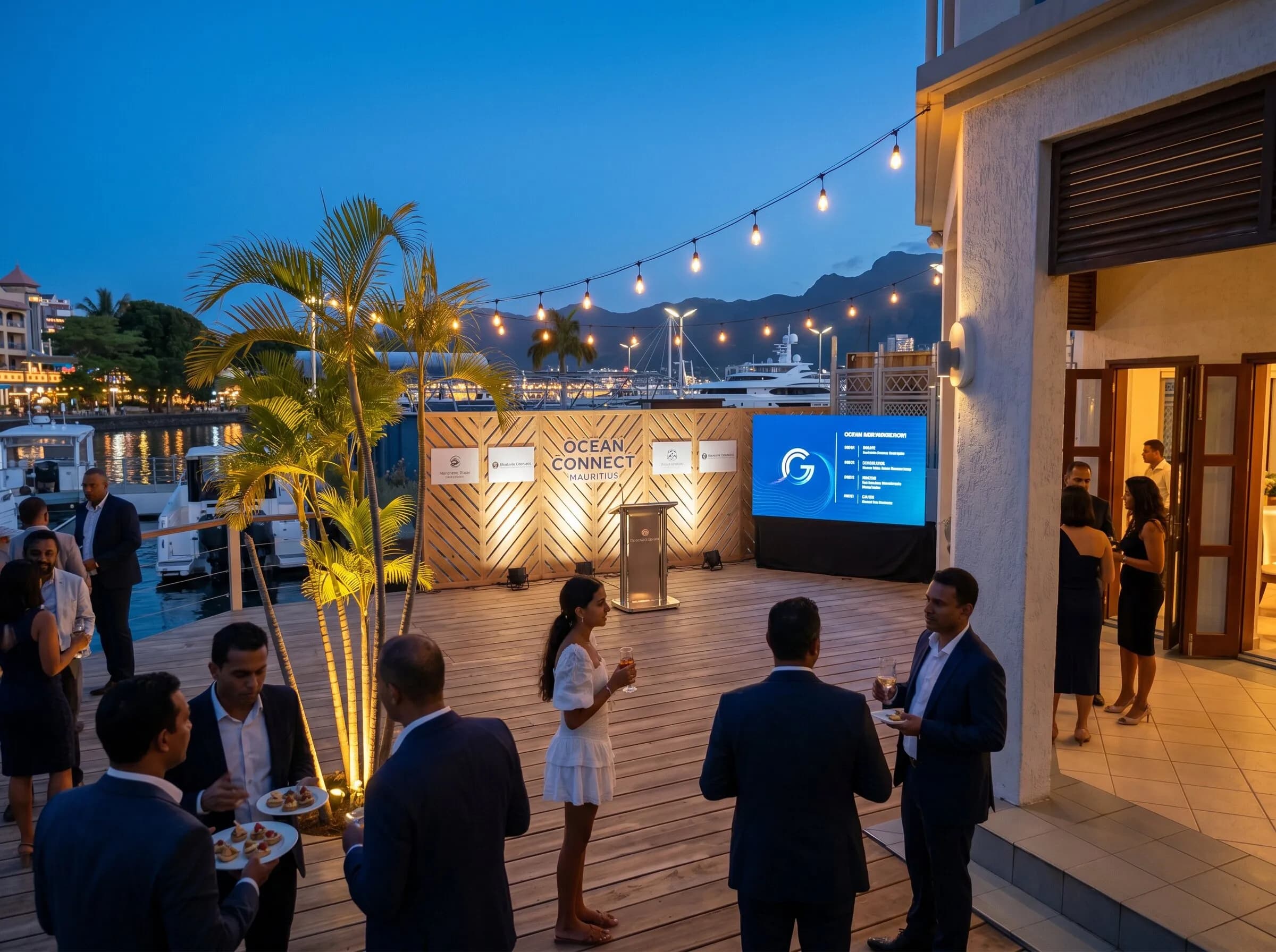 A corporate launch staged on the marina at dusk