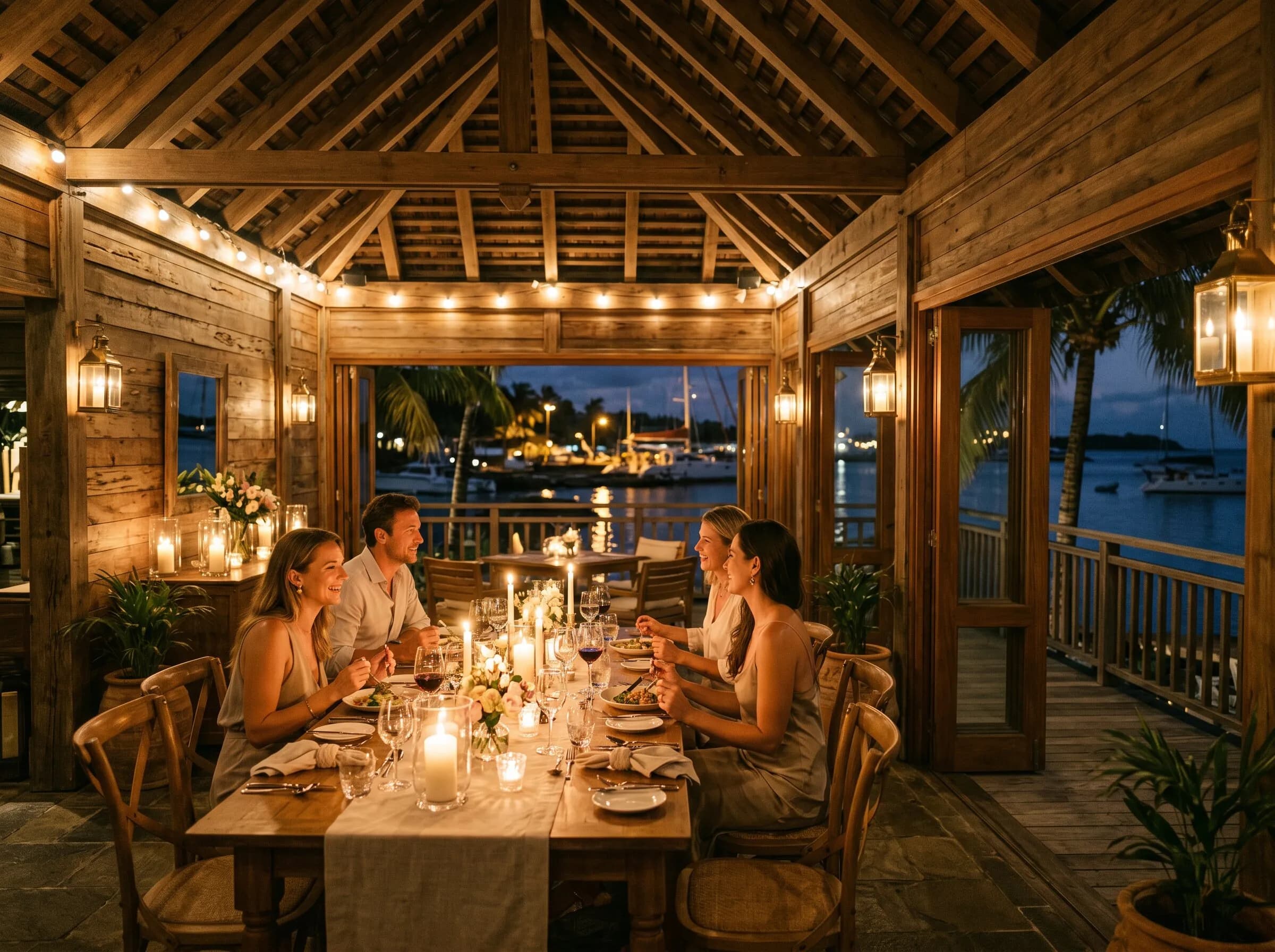 The Boathouse room in timber and candlelight