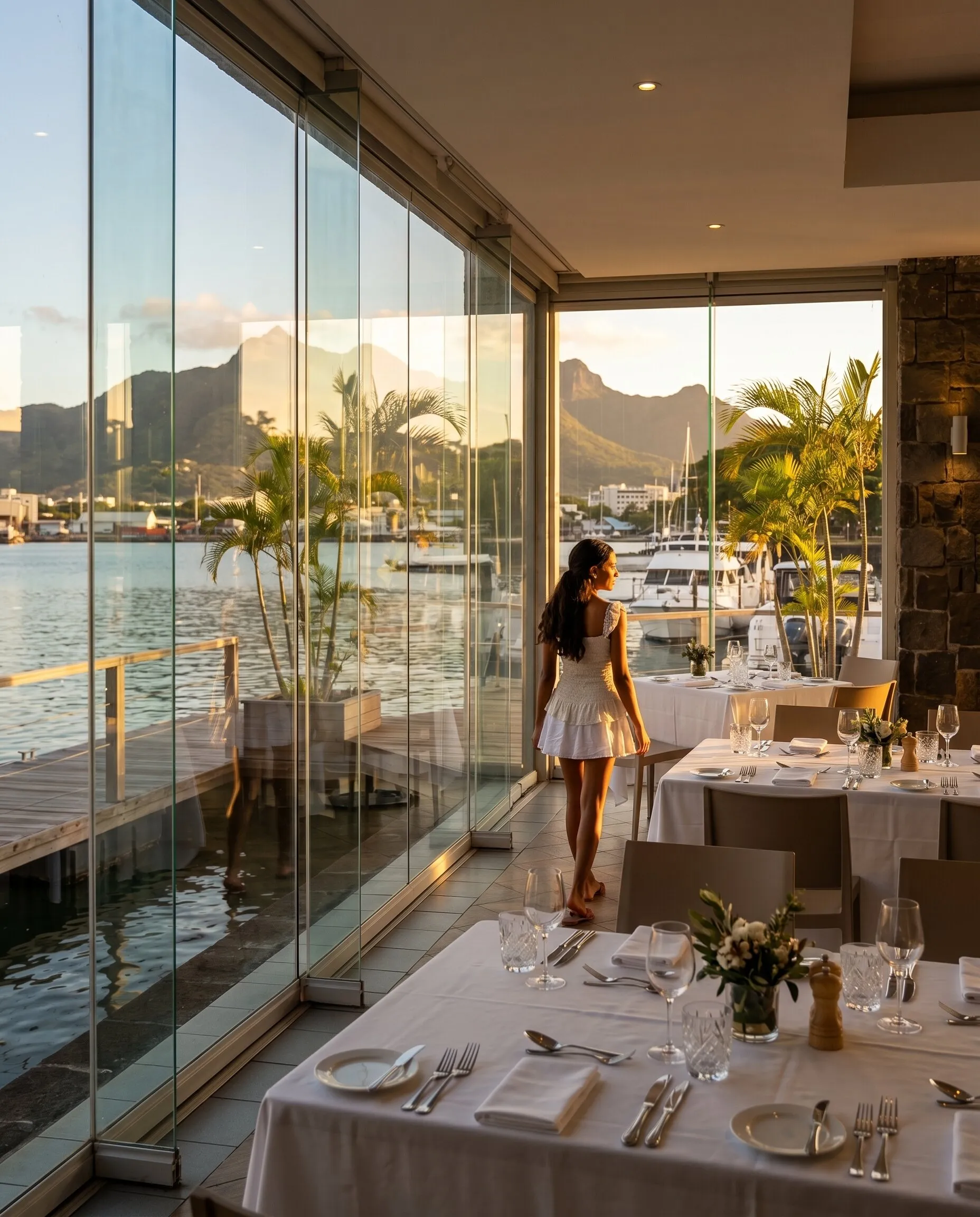 The Glass Room bathed in golden-hour light over the marina