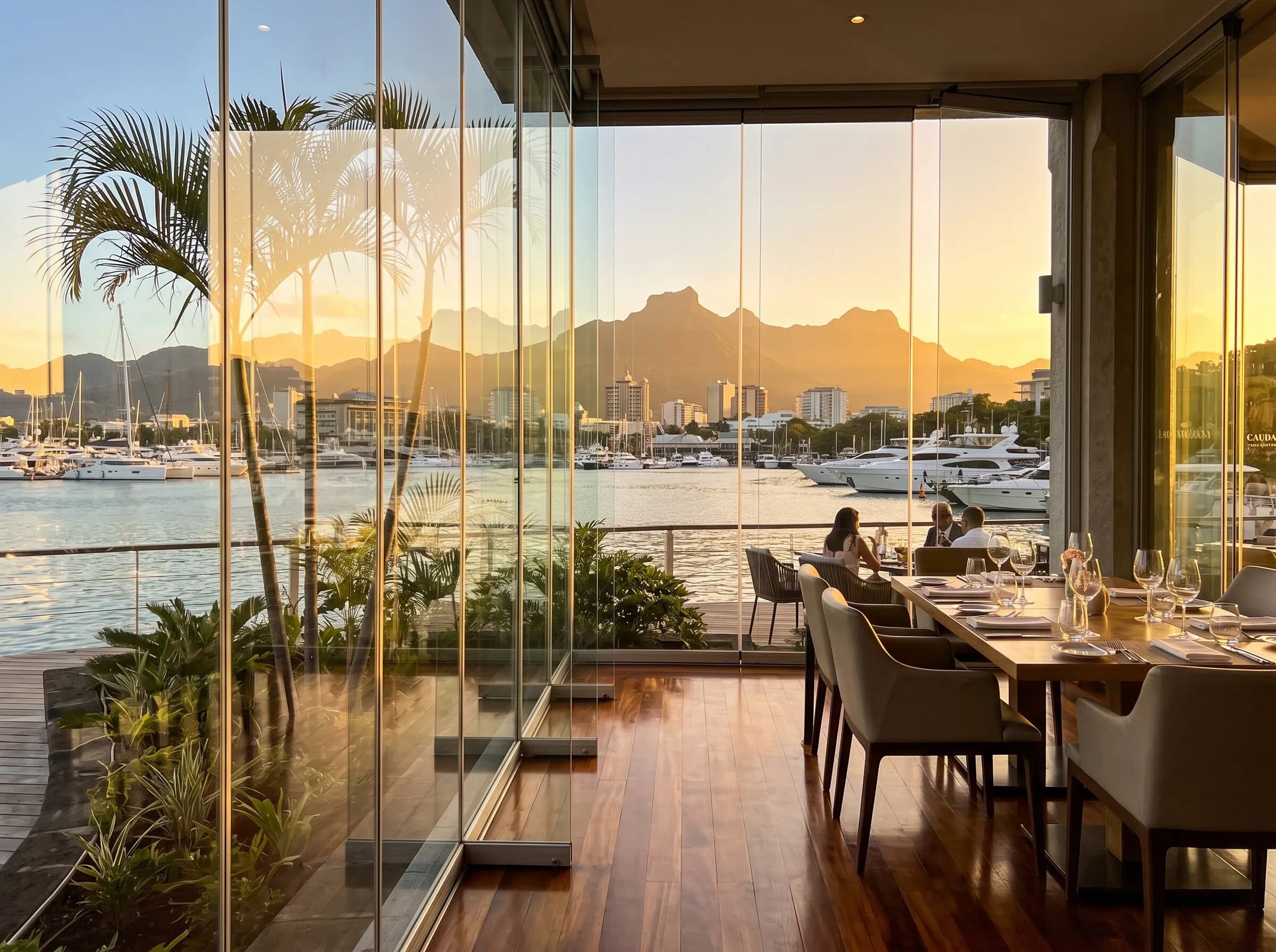 The Glass Room with floor-to-ceiling glass holding the sunset