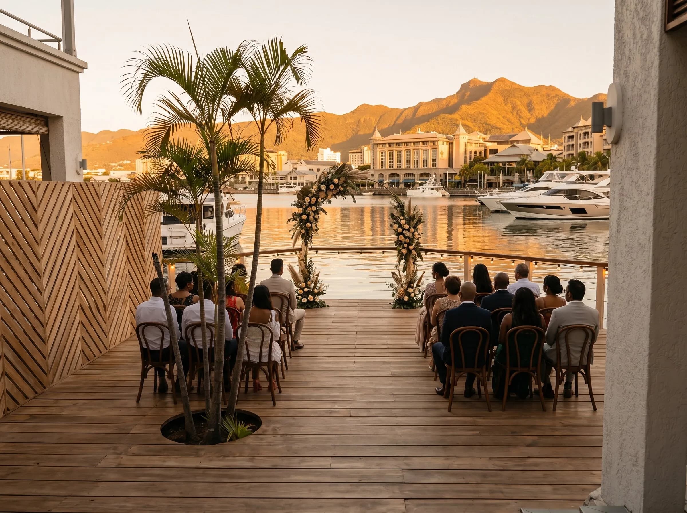 An intimate wedding table set with the marina as backdrop